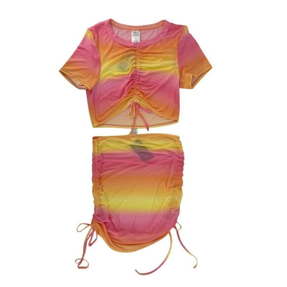 Mesh Cover Up Two Piece Set Skirt Top Size S Pink Yellow Wild Fable Ruched Swim - Picture 1 of 9